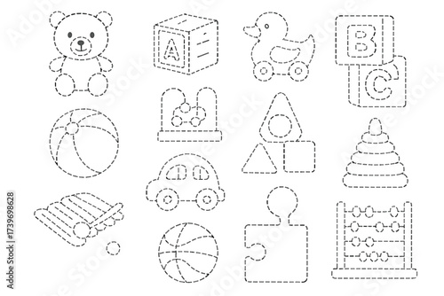 Outline of classic children's toys: bear, car, blocks, duck, and more