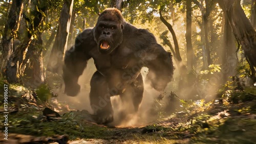 Cinematic Slow Motion of a Powerful Gorilla Charging Through Jungle.