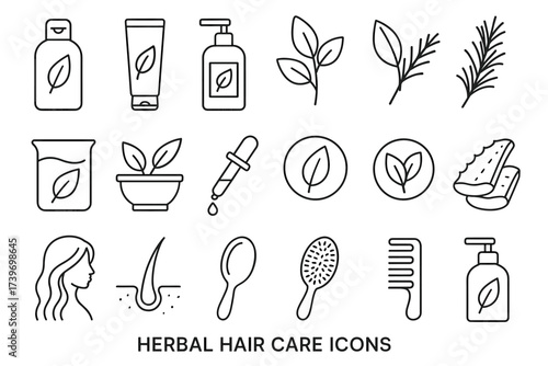 Herbal hair care icons set featuring natural plant elements and hair tools