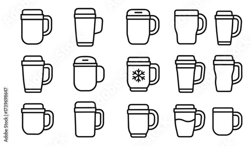 Variety of coffee cup icons: mug, handle, lid, pattern, insulated designs