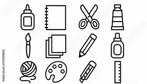 Collection of art and craft supplies icons including glue, scissors, and pencil