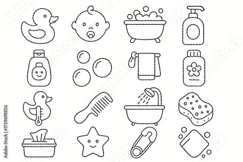 Baby bath time icons collection featuring ducks, soap, towels, and more
