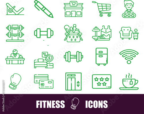 Fitness and Lifestyle Icons: Gym, Shopping, and Comfort Elements