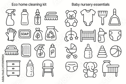 Eco home cleaning kit and baby nursery essentials icons set