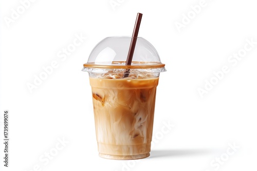 Refreshing iced coffee with creamy swirls and ice cubes in a clear to go cup with dome lid and straw, perfect for a summer day treat