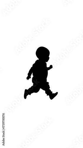 Silhouette of baby toddler walking forward side view in black vector minimalist flat style isolated on white background child development early steps concept