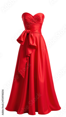 Elegant red evening gown with strapless design and flowing skirt, perfect for formal occasions and special events