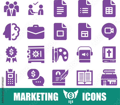 Purple Marketing and Business Icons Set on White Background