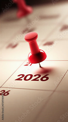 Pin marking the year 2026 on a calendar page close up
