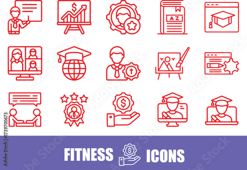 Red Line Icons for Education, Business, and Online Learning