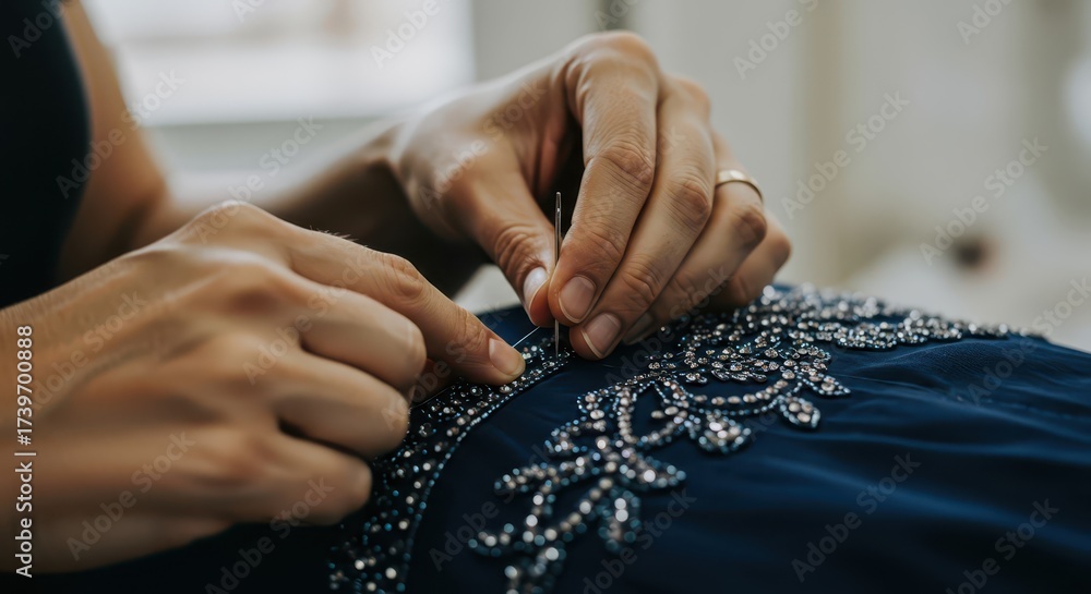 Obraz premium captures skilled hands delicately sewing intricate beadwork onto a dark blue fabric, emphasizing meticulous craftsmanship and highlighting a detailed design, revealing the artistry of embellishment