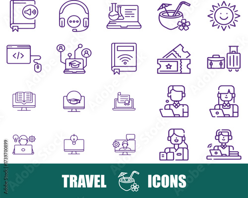 Travel and Education Icons: Online Learning, Tickets, and Vacation Fun