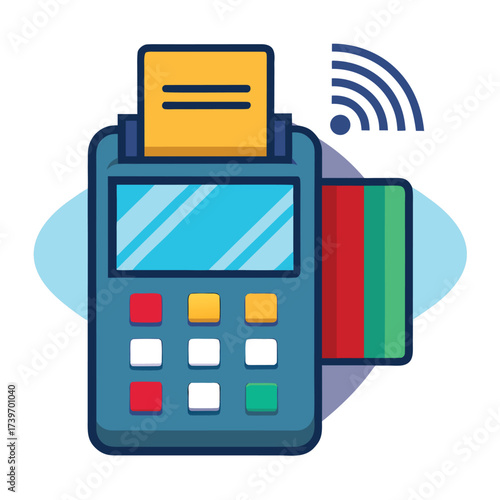 "Flat design payment terminal with contactless wave and credit card, vector icon, white background"
