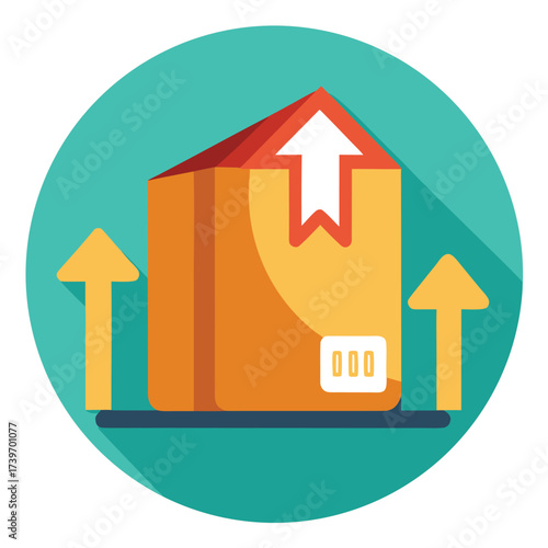 "Flat design delivery package with fragile symbol and upward arrows, vector icon, white background"