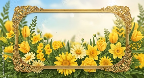 Ornate golden frame surrounding a vibrant meadow of yellow spring flowers under a sunny sky