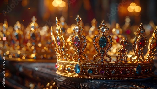 Luxurious Golden Crowns Adorned with Precious Jewels in Soft, Dramatic Lighting