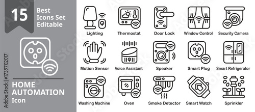 Home Automation icons set. Contains security systems, energy monitoring, voice assistants, and IoT devices. Editable outline vector illustration.