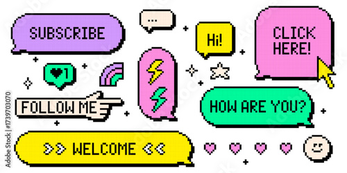 Colorful y2k pixel retro speech bubbles with 3d effect. 8 bit digital bright vector elements for stickers, game interface, social media. Chat boxes, text phrases, long arm, forefinger pointing icon