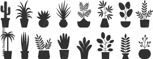 Black and white plant silhouette illustration, cactus and tropical houseplants in pots, decorative indoor greenery design, modern botanical vector collection