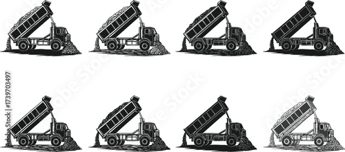 Dump truck unloading illustration set, gravel pile, tilt bed motion, construction vehicle, black and white vector