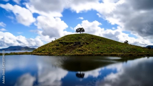 A lone tree on a grassy hill is perfectly reflected in the still water of a lake under a cloudy sky