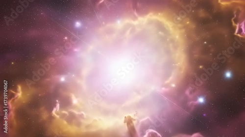Stunning cosmic explosion in vibrant colors, showcasing swirling gases and distant stars in space