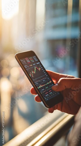 A man checking stock market updates on a smartphone, bright daylight, investment focus