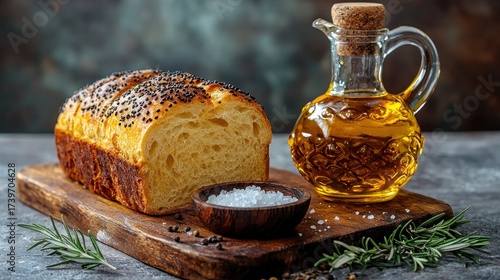 Golden bread loaf, oil cruet, salt on wooden board. Dark, moody food still life