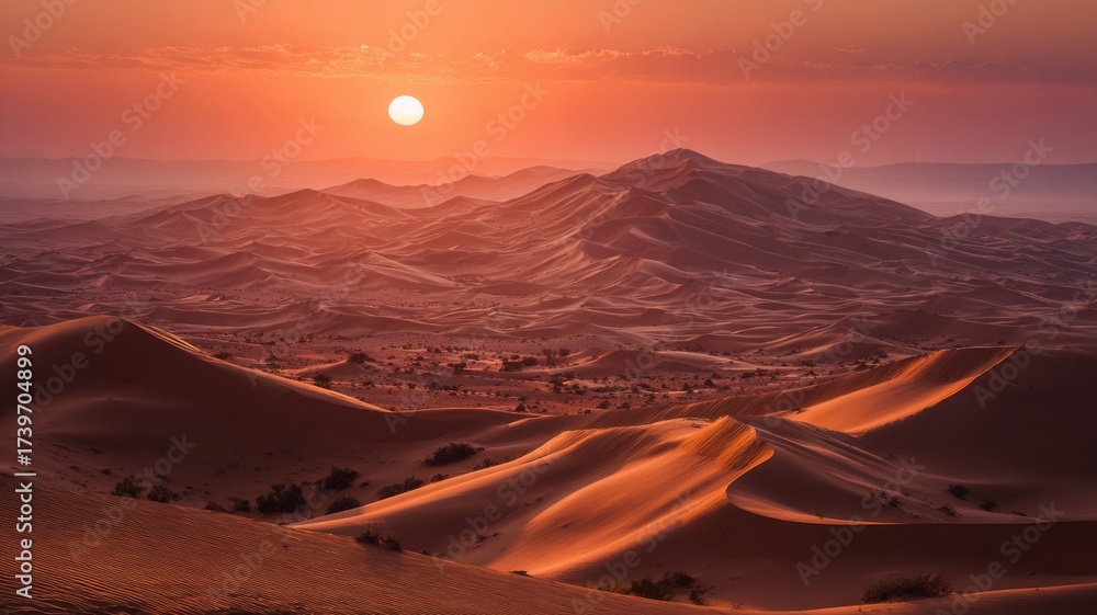Naklejka premium Golden sunrise over vast rolling sand dunes in the sahara desert, morocco with warm glowing sky and natural desert landscape