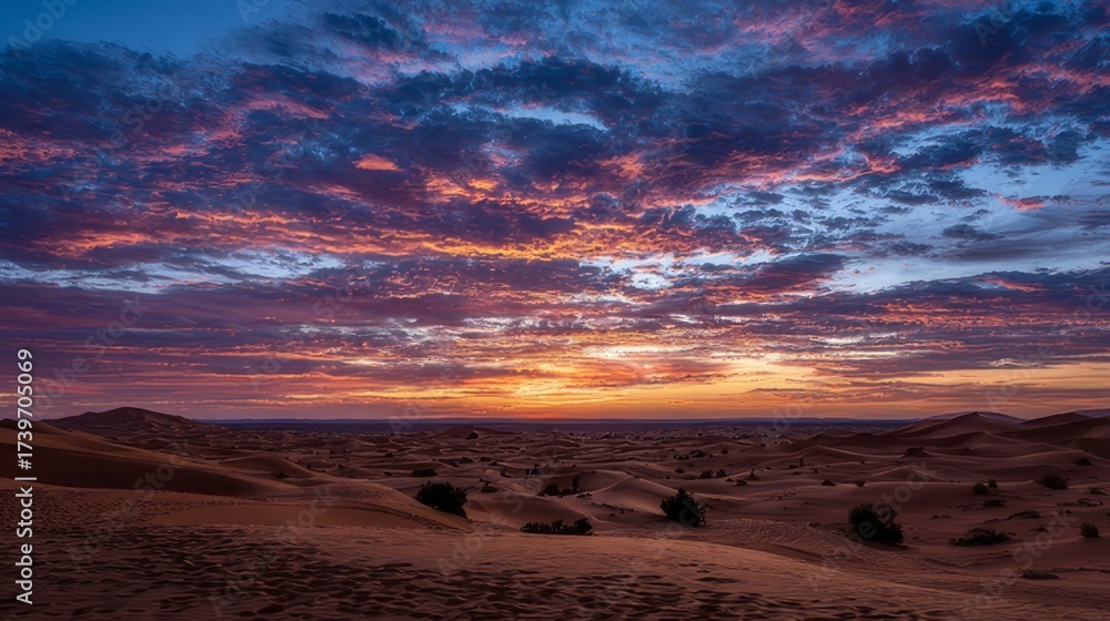 Obraz premium Golden sunrise over vast rolling sand dunes in the sahara desert, morocco with warm glowing sky and natural desert landscape