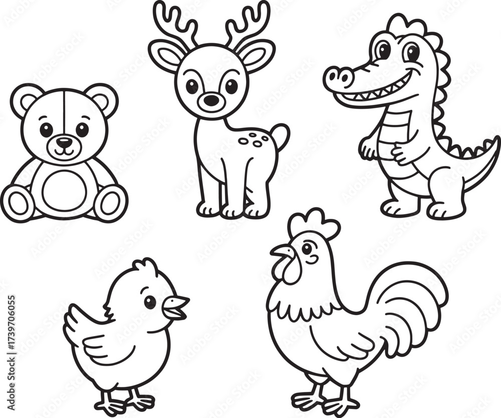 Obraz premium Cute Cartoon Animals in Black and White Line Art Illustration for Children Coloring Book or Educational Materials