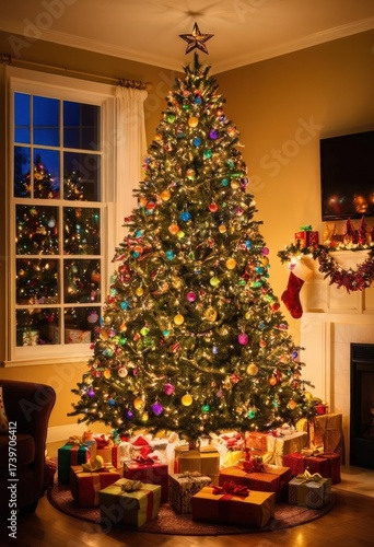 Beautifully decorated Christmas tree with presents underneath.