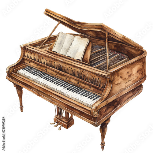 Harpsichord, watercolor illustration vector, isolated on a white background.
