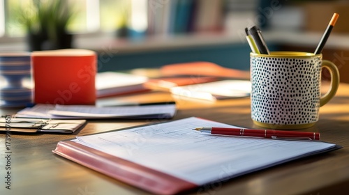A cup of coffee and a pen and notebook on a table
