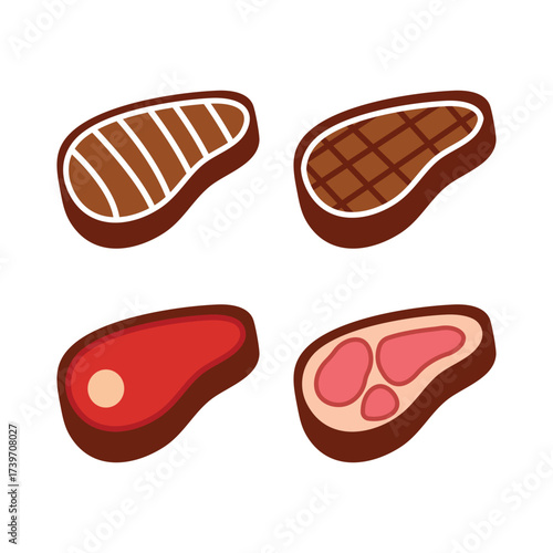 Colored Steak Icons Set Raw, Cooked, and Marbled Cuts Flat Design Vector Collection of Meat Cuts for Grilling