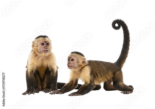 Photography Isolated capuchin monkeys, one sitting, one moving with a curled tail on no back