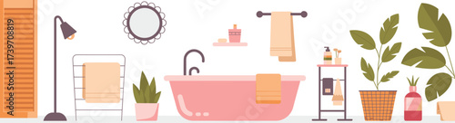 Modern minimalist bathroom interior with bathtub, decorative mirror, indoor plant, floor lamp, vintage bottle, cozy towels, elegant flat illustration