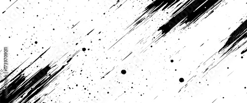 Vector Diagonal Black Ink Brush Strokes with Splatter on White Background