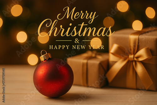 Merry Christmas and Happy New Year text with bauble and golden gift boxes on dark background. Christmas celebration concept.