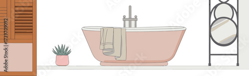 Modern minimalist bathroom interior with bathtub, decorative mirror, indoor plant, floor lamp, vintage bottle, cozy towels, elegant flat illustration