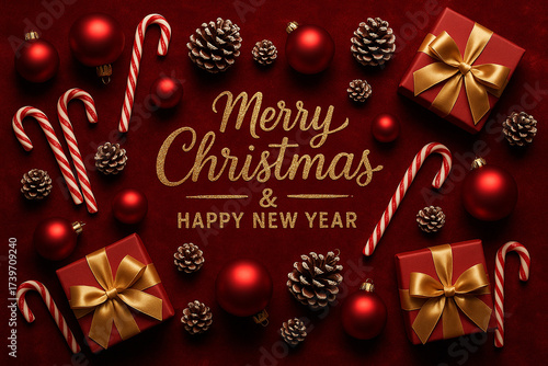 Merry Christmas Happy New Year text with red baubles, gifts, and candy canes on background. Christmas celebration concept.