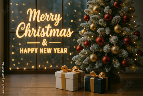 Merry Christmas Happy New Year text with elegant Christmas tree decorated with golden ornaments in bright setting. Christmas celebration concept.