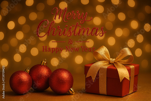 Merry Christmas wishes and celebration concept with gift boxes on clean golden festive background.