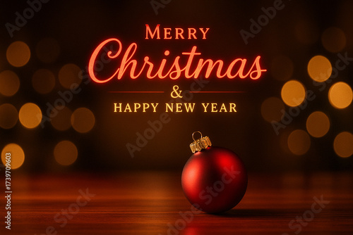 Merry Christmas and Happy New Year text with red bauble against glowing golden festive lights. Christmas celebration concept.