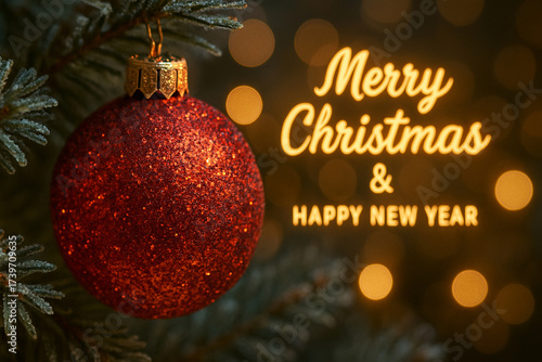 Merry Christmas and Happy New Year text with red bauble on pine branch glowing background. Christmas celebration concept.