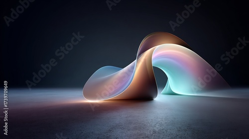 Abstract 3D render of a flowing iridescent shape with vibrant gradient colors and glowing light on a dark studio background, representing modern design and innovation.