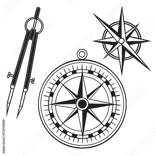 Illustration of a compass, a wind rose, and a drafting compass