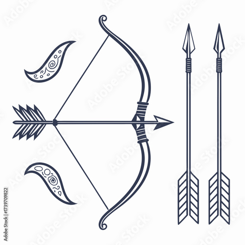Vector art of tribal bow and arrow set with decorative elements