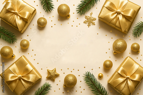 Golden gift boxes and baubles arranged around blank white space with festive star sparkles with customizable space for Christmas wishes.