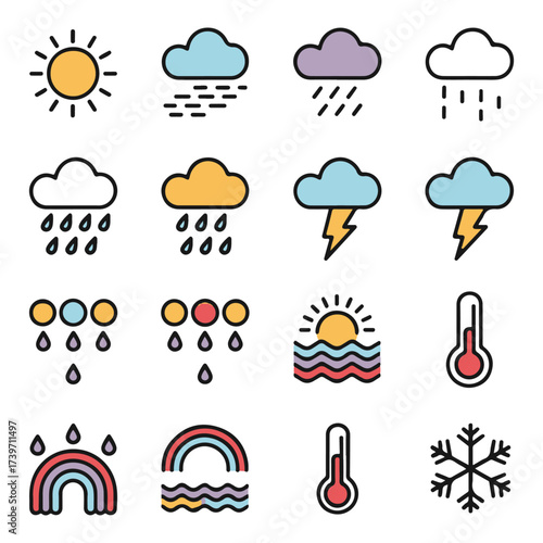 Weather Forecast Vector Icon Set, Colorful Climate Symbols and Temperature Elements Collection